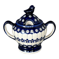 A picture of a Polish Pottery Zaklady Bird Sugar Bowl (Petite Floral Peacock) | Y1234-A166A as shown at PolishPotteryOutlet.com/products/bird-sugar-bowl-floral-peacock-y1234-a166a