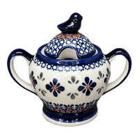 A picture of a Polish Pottery Zaklady Bird Sugar Bowl (Blue Mosaic Flower) | Y1234-A221A as shown at PolishPotteryOutlet.com/products/bird-sugar-bowl-blue-mosaic-flower-y1234-a221a