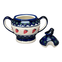 A picture of a Polish Pottery Zaklady Bird Sugar Bowl (Strawberry Dot) | Y1234-A310A as shown at PolishPotteryOutlet.com/products/bird-sugar-bowl-strawberry-dot-y1234-a310a