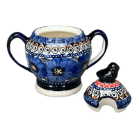 A picture of a Polish Pottery Zaklady Bird Sugar Bowl (Bloomin' Sky) | Y1234-ART148 as shown at PolishPotteryOutlet.com/products/bird-sugar-bowl-bloomin-sky-y1234-art148