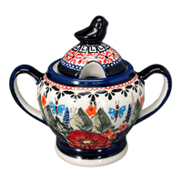 A picture of a Polish Pottery Zaklady Bird Sugar Bowl (Butterfly Bouquet) | Y1234-ART149 as shown at PolishPotteryOutlet.com/products/bird-sugar-bowl-butterfly-bouquet-y1234-art149