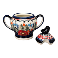 A picture of a Polish Pottery Zaklady Bird Sugar Bowl (Butterfly Bouquet) | Y1234-ART149 as shown at PolishPotteryOutlet.com/products/bird-sugar-bowl-butterfly-bouquet-y1234-art149