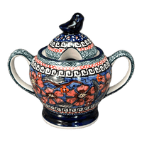 A picture of a Polish Pottery Zaklady Bird Sugar Bowl (Exotic Reds) | Y1234-ART150 as shown at PolishPotteryOutlet.com/products/bird-sugar-bowl-exotic-reds-y1234-art150