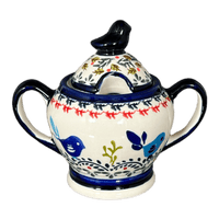 A picture of a Polish Pottery Zaklady Bird Sugar Bowl (Circling Bluebirds) | Y1234-ART214 as shown at PolishPotteryOutlet.com/products/bird-sugar-bowl-circling-bluebirds-y1234-art214
