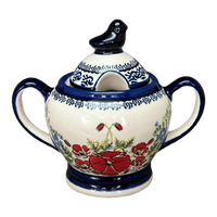 A picture of a Polish Pottery Zaklady Bird Sugar Bowl (Floral Crescent) | Y1234-ART237 as shown at PolishPotteryOutlet.com/products/bird-sugar-bowl-fields-of-flowers-y1234-art237