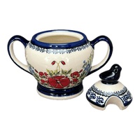 A picture of a Polish Pottery Zaklady Bird Sugar Bowl (Floral Crescent) | Y1234-ART237 as shown at PolishPotteryOutlet.com/products/bird-sugar-bowl-fields-of-flowers-y1234-art237