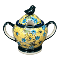 A picture of a Polish Pottery Zaklady Bird Sugar Bowl (Sunny Meadow) | Y1234-ART332 as shown at PolishPotteryOutlet.com/products/bird-sugar-bowl-sunny-meadow-y1234-art332