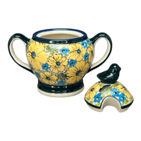 A picture of a Polish Pottery Zaklady Bird Sugar Bowl (Sunny Meadow) | Y1234-ART332 as shown at PolishPotteryOutlet.com/products/bird-sugar-bowl-sunny-meadow-y1234-art332
