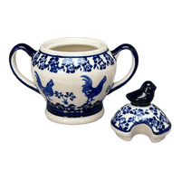 A picture of a Polish Pottery Zaklady Bird Sugar Bowl (Rooster Blues) | Y1234-D1149 as shown at PolishPotteryOutlet.com/products/bird-sugar-bowl-rooster-blues-y1234-d1149