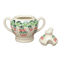 A picture of a Polish Pottery Zaklady Bird Sugar Bowl (Raspberry Delight) | Y1234-D1170 as shown at PolishPotteryOutlet.com/products/bird-sugar-bowl-raspberry-delight-y1234-d1170