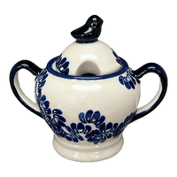 A picture of a Polish Pottery Zaklady Bird Sugar Bowl (Blue Floral Vines) | Y1234-D1210A as shown at PolishPotteryOutlet.com/products/bird-sugar-bowl-blue-floral-vines-y1234-d1210a