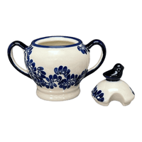 A picture of a Polish Pottery Zaklady Bird Sugar Bowl (Blue Floral Vines) | Y1234-D1210A as shown at PolishPotteryOutlet.com/products/bird-sugar-bowl-blue-floral-vines-y1234-d1210a