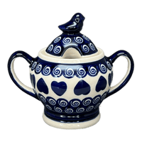 A picture of a Polish Pottery Zaklady Bird Sugar Bowl (Swirling Hearts) | Y1234-D467 as shown at PolishPotteryOutlet.com/products/bird-sugar-bowl-swirling-hearts-y1234-d467