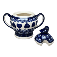 A picture of a Polish Pottery Zaklady Bird Sugar Bowl (Swirling Hearts) | Y1234-D467 as shown at PolishPotteryOutlet.com/products/bird-sugar-bowl-swirling-hearts-y1234-d467