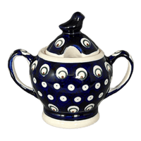 A picture of a Polish Pottery Zaklady Bird Sugar Bowl (Peacock Burst) | Y1234-D487 as shown at PolishPotteryOutlet.com/products/bird-sugar-bowl-peacock-burst-y1234-d487
