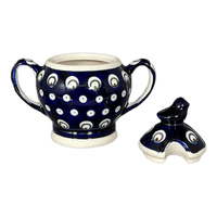 A picture of a Polish Pottery Zaklady Bird Sugar Bowl (Peacock Burst) | Y1234-D487 as shown at PolishPotteryOutlet.com/products/bird-sugar-bowl-peacock-burst-y1234-d487