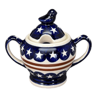 A picture of a Polish Pottery Zaklady Bird Sugar Bowl (Stars & Stripes) | Y1234-D81 as shown at PolishPotteryOutlet.com/products/bird-sugar-bowl-stars-stripes-y1234-d81