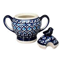 A picture of a Polish Pottery Zaklady Bird Sugar Bowl (Mosaic Blues) | Y1234-D910 as shown at PolishPotteryOutlet.com/products/bird-sugar-bowl-mosaic-blues-y1234-d910