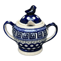 A picture of a Polish Pottery Zaklady Bird Sugar Bowl (Grecian Dot) | Y1234-D923 as shown at PolishPotteryOutlet.com/products/bird-sugar-bowl-grecian-dot-y1234-d923