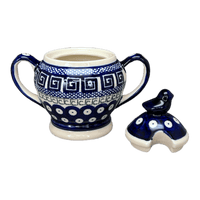 A picture of a Polish Pottery Zaklady Bird Sugar Bowl (Grecian Dot) | Y1234-D923 as shown at PolishPotteryOutlet.com/products/bird-sugar-bowl-grecian-dot-y1234-d923