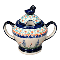 A picture of a Polish Pottery Zaklady Bird Sugar Bowl (Lilac Garden) | Y1234-DU155 as shown at PolishPotteryOutlet.com/products/bird-sugar-bowl-du155-y1234-du155