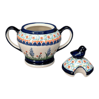 A picture of a Polish Pottery Zaklady Bird Sugar Bowl (Lilac Garden) | Y1234-DU155 as shown at PolishPotteryOutlet.com/products/bird-sugar-bowl-du155-y1234-du155