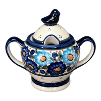A picture of a Polish Pottery Zaklady Bird Sugar Bowl (Garden Party Blues) | Y1234-DU50 as shown at PolishPotteryOutlet.com/products/bird-sugar-bowl-garden-party-blues-y1234-du50