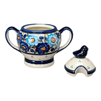 A picture of a Polish Pottery Zaklady Bird Sugar Bowl (Garden Party Blues) | Y1234-DU50 as shown at PolishPotteryOutlet.com/products/bird-sugar-bowl-garden-party-blues-y1234-du50