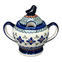 A picture of a Polish Pottery Zaklady Bird Sugar Bowl (Emerald Mosaic) | Y1234-DU60 as shown at PolishPotteryOutlet.com/products/bird-sugar-bowl-emerald-mosaic-y1234-du60