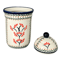 A picture of a Polish Pottery Zaklady 1 Liter Container (Scarlet Stitch) | Y1243-A1158A as shown at PolishPotteryOutlet.com/products/1-liter-container-scarlet-stitch-y1243-a1158a
