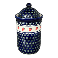 A picture of a Polish Pottery Zaklady 1 Liter Container (Strawberry Dot) | Y1243-A310A as shown at PolishPotteryOutlet.com/products/1-liter-container-strawberry-dot-y1243-a310a