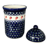 A picture of a Polish Pottery Zaklady 1 Liter Container (Strawberry Dot) | Y1243-A310A as shown at PolishPotteryOutlet.com/products/1-liter-container-strawberry-dot-y1243-a310a