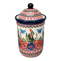 A picture of a Polish Pottery Zaklady 1 Liter Container (Butterfly Bouquet) | Y1243-ART149 as shown at PolishPotteryOutlet.com/products/1l-container-butterfly-bouquet-y1243-art149