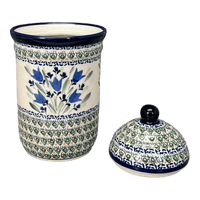 A picture of a Polish Pottery Zaklady 1 Liter Container (Blue Tulips) | Y1243-ART160 as shown at PolishPotteryOutlet.com/products/1l-container-blue-tulips-y1243-art160