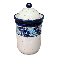 A picture of a Polish Pottery Zaklady 1 Liter Container (Garden Party Blues) | Y1243-DU50 as shown at PolishPotteryOutlet.com/products/1l-container-garden-party-blues-y1243-du50