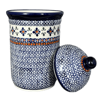 A picture of a Polish Pottery Zaklady 2 Liter Container (Blue Mosaic Flower) | Y1244-A221A as shown at PolishPotteryOutlet.com/products/2l-container-blue-mosaic-flower-y1244-a221a