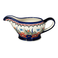A picture of a Polish Pottery Zaklady 16 oz. Gravy Boat (Butterfly Bouquet) | Y1258-ART149 as shown at PolishPotteryOutlet.com/products/gravy-boat-butterfly-bouquet-y1258-art149