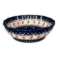 A picture of a Polish Pottery Bowl, Round, Scalloped, Deep, 9.5" in "Strawberry Dot" by Zaklady | Y1279A-A310A as shown at PolishPotteryOutlet.com/products/scalloped-9-5-bowl-strawberry-peacock-y1279a-a310a