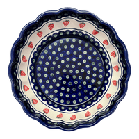 A picture of a Polish Pottery Zaklady Deep 9.5" Scalloped Bowl (Strawberry Dot) | Y1279A-A310A as shown at PolishPotteryOutlet.com/products/scalloped-9-5-bowl-strawberry-peacock-y1279a-a310a
