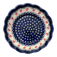 A picture of a Polish Pottery Bowl, Round, Scalloped, Deep, 9.5" in "Strawberry Dot" by Zaklady | Y1279A-A310A as shown at PolishPotteryOutlet.com/products/scalloped-9-5-bowl-strawberry-peacock-y1279a-a310a