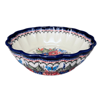 A picture of a Polish Pottery Zaklady Deep 9.5" Scalloped Bowl (Butterfly Bouquet) | Y1279A-ART149 as shown at PolishPotteryOutlet.com/products/scalloped-9-5-bowl-butterfly-bouquet-y1279a-art149