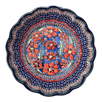 A picture of a Polish Pottery Zaklady Deep 9.5" Scalloped Bowl (Exotic Reds) | Y1279A-ART150 as shown at PolishPotteryOutlet.com/products/scalloped-9-5-bowl-exotic-reds-y1279a-art150