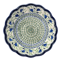 A picture of a Polish Pottery Bowl, Round, Scalloped, Deep, 9.5" in "Blue Tulips" by Zaklady | Y1279A-ART160 as shown at PolishPotteryOutlet.com/products/scalloped-9-5-bowl-blue-tulips-y1279a-art160