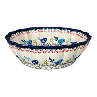 A picture of a Polish Pottery Zaklady Deep 9.5" Scalloped Bowl (Circling Bluebirds) | Y1279A-ART214 as shown at PolishPotteryOutlet.com/products/scalloped-9-5-bowl-circling-bluebirds-y1279a-art214
