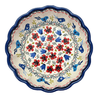 A picture of a Polish Pottery Zaklady Deep 9.5" Scalloped Bowl (Circling Bluebirds) | Y1279A-ART214 as shown at PolishPotteryOutlet.com/products/scalloped-9-5-bowl-circling-bluebirds-y1279a-art214