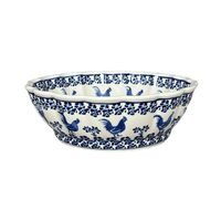 A picture of a Polish Pottery Zaklady Deep 9.5" Scalloped Bowl (Rooster Blues) | Y1279A-D1149 as shown at PolishPotteryOutlet.com/products/deep-9-5-scalloped-bowl-rooster-blues-y1279a-d1149