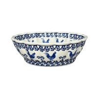 A picture of a Polish Pottery Bowl, Round, Scalloped, Deep, 9.5" in "Rooster Blues" by Zaklady | Y1279A-D1149 as shown at PolishPotteryOutlet.com/products/deep-9-5-scalloped-bowl-rooster-blues-y1279a-d1149