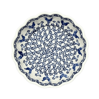 A picture of a Polish Pottery Zaklady Deep 9.5" Scalloped Bowl (Rooster Blues) | Y1279A-D1149 as shown at PolishPotteryOutlet.com/products/deep-9-5-scalloped-bowl-rooster-blues-y1279a-d1149