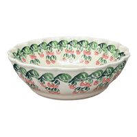 A picture of a Polish Pottery Zaklady Deep 9.5" Scalloped Bowl (Raspberry Delight) | Y1279A-D1170 as shown at PolishPotteryOutlet.com/products/deep-9-5-scalloped-bowl-raspberry-delight-y1279a-d1170