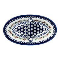 A picture of a Polish Pottery Zaklady 11.75" x 7" Dual Dish (Evergreen Moose) | Y1280A-A992A as shown at PolishPotteryOutlet.com/products/divided-dish-reindeer-peacock-y1280a-a992a